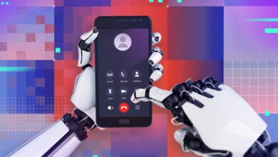 Robot hands holding smartphone with call interface displayed.