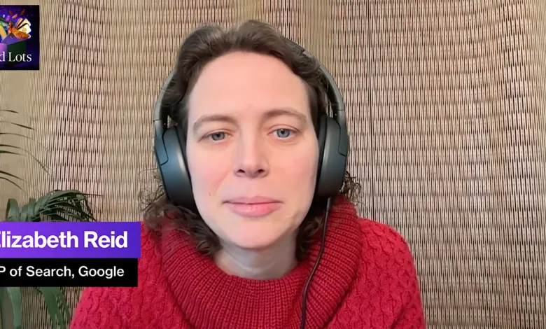 Elizabeth Reid, VP of Search at Google, wearing headphones and a red sweater.