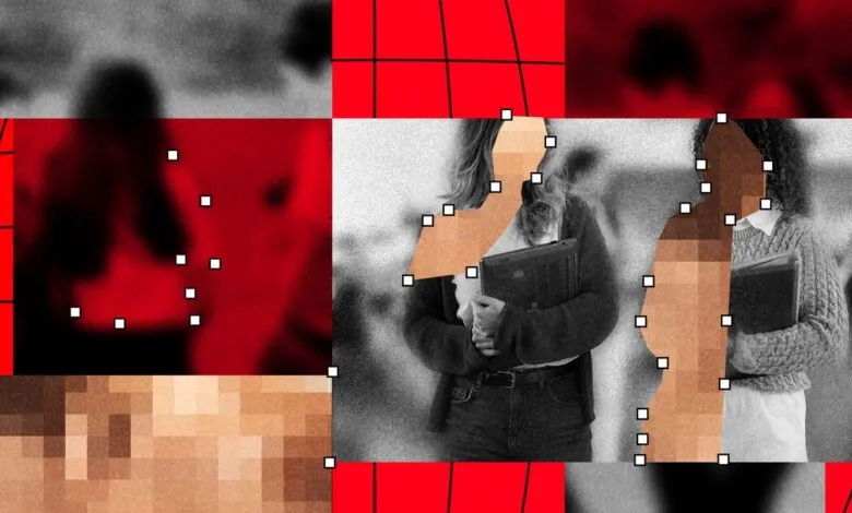 Two students with pixelated faces stand in a digitally manipulated image.