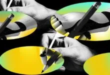 Hands writing with pencils and a feather quill on a colorful background.