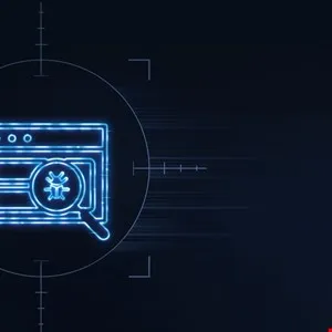 Neon blue icon of a magnifying glass over a browser window with a bug, in a crosshair.