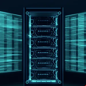 Server rack with glowing blue lights and blurred data streams in the background.