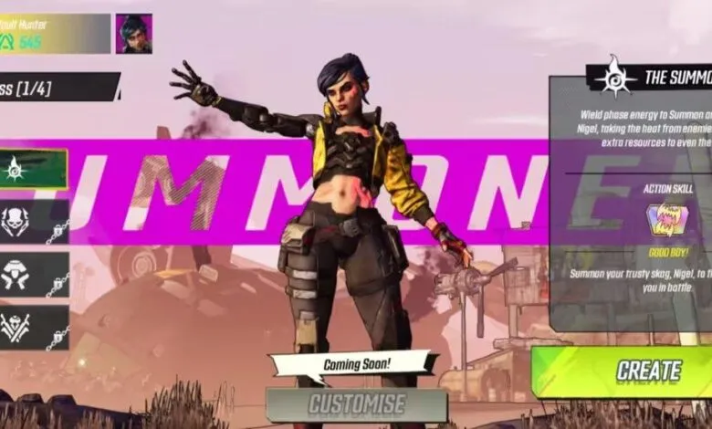 Borderlands character selection screen featuring 'The Summoner' class.