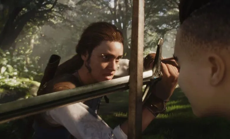 Two characters face off with swords in a forest setting.