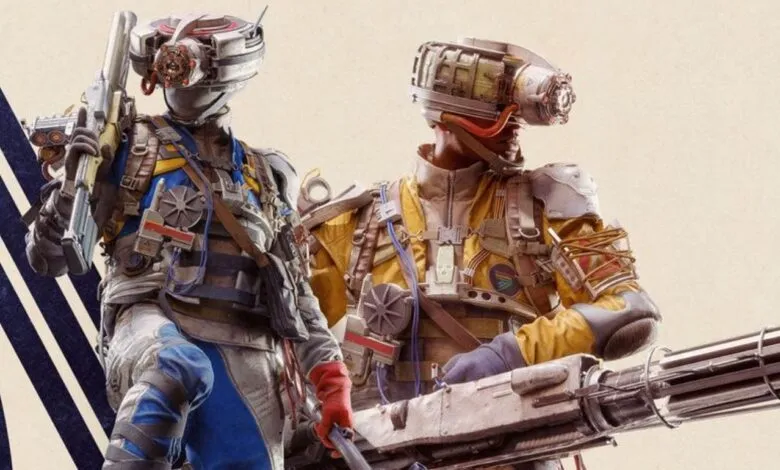 Two futuristic soldiers in detailed armor and helmets holding large weapons.