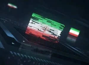 Stylized Iranian flag on a dark, futuristic circuit board background.