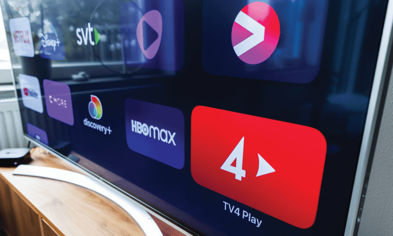 Smart TV displaying streaming app icons like Netflix, Disney+, HBO Max, and TV4 Play.