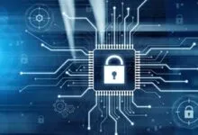 Digital security concept: padlock on a microchip with circuit board design.