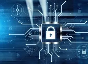 Digital security concept: padlock on a microchip with circuit board design.