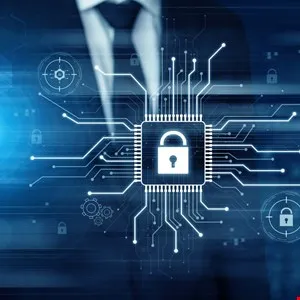 Digital security concept: padlock on a microchip with circuit board design.
