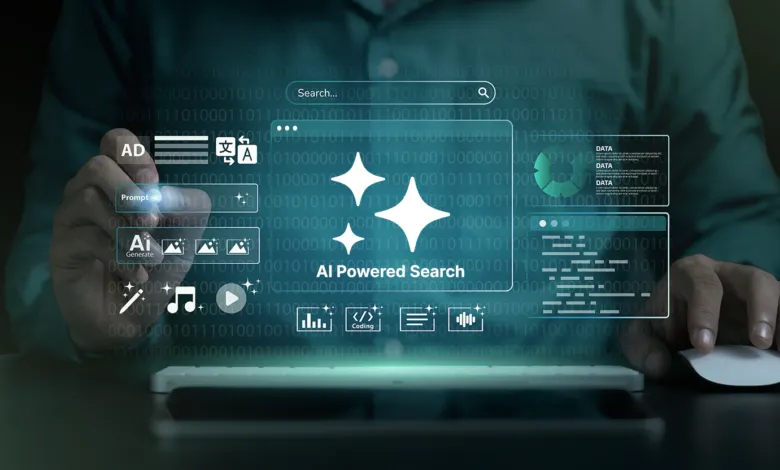 AI-powered search interface with icons and binary code overlay.