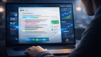Person using laptop displaying data analytics dashboard with charts and graphs.