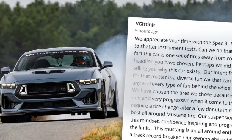 Gray 2024 Mustang RTR Spec 3 drifting on track with VGittinJr's comment overlayed.
