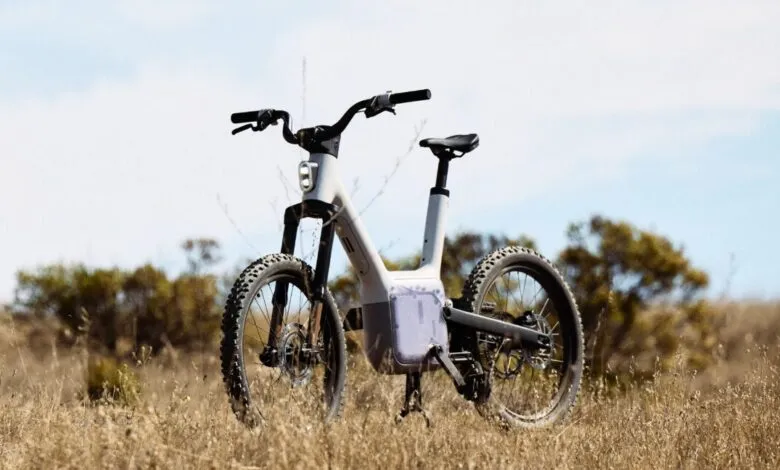 Modern electric bike parked in a field of tall, dry grass.