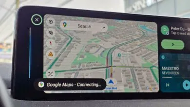 Car infotainment screen displaying Google Maps in connecting state.