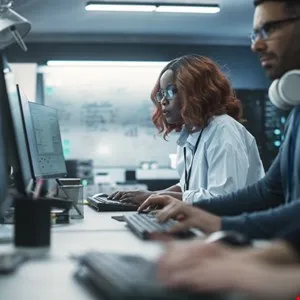 Two programmers working at computers in a modern office setting, focused on their screens.