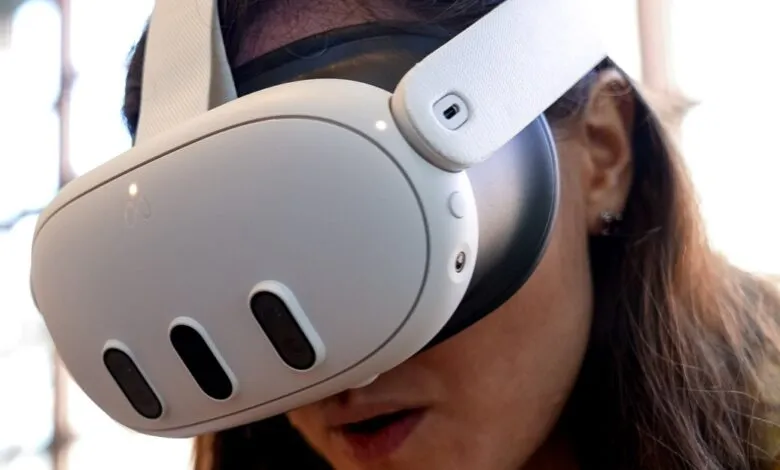 Person wearing a white Meta Quest 3 VR headset, close-up view.