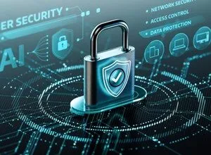 Padlock with checkmark overlay on digital circuit board background, representing cybersecurity.