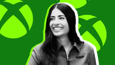 Sarah Bond smiles against a green Xbox logo background.