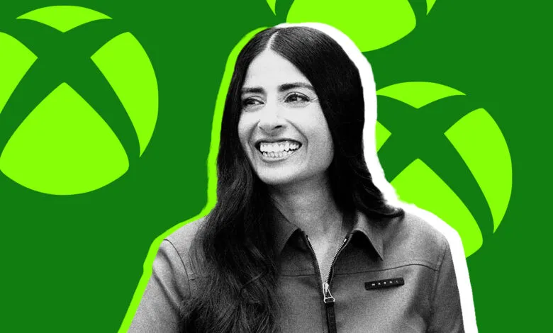 Sarah Bond smiles against a green Xbox logo background.