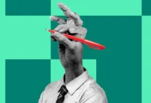 Monochrome hand holds red pen against geometric teal background.