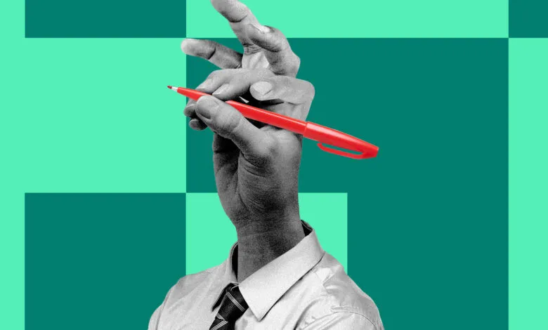 Monochrome hand holds red pen against geometric teal background.