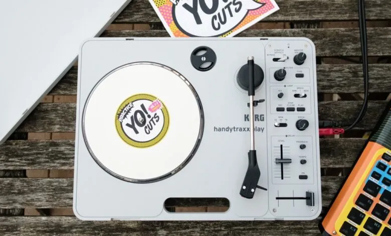 Korg HandyTraxx Play portable turntable with Yo! Cuts record and sampler.