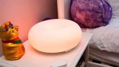 IKEA Varmblixt lamp glows next to a golden lucky cat figurine.