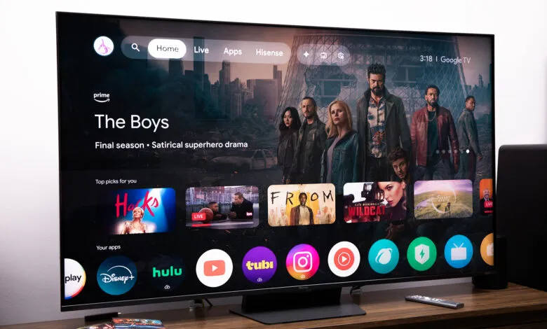 Hisense UR9 RGB LED TV displaying the Google TV interface and 'The Boys' on Prime Video.