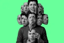 Person holding mask with multiple distorted faces on a green background.