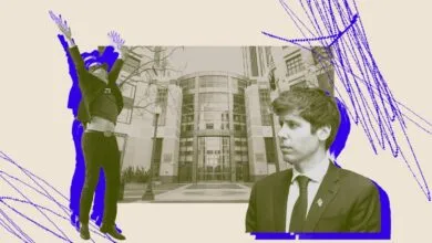 Stylized image of Sam Altman and a person with arms raised against a building.