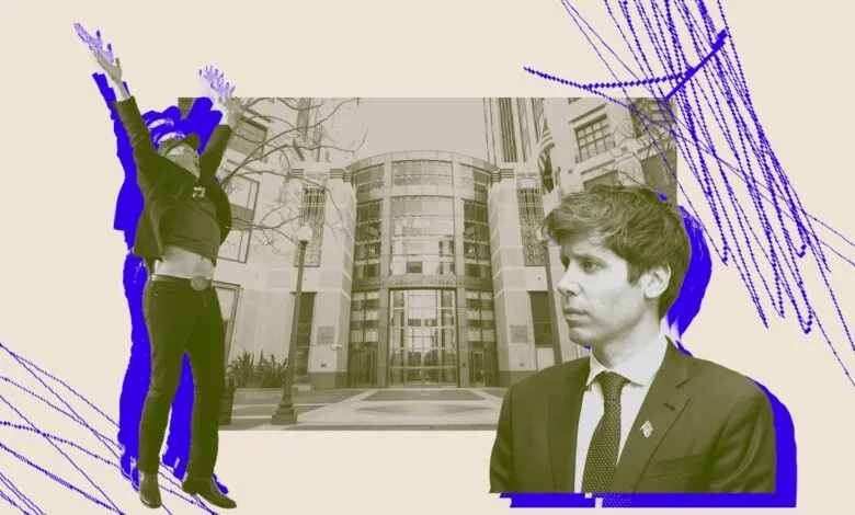 Stylized image of Sam Altman and a person with arms raised against a building.