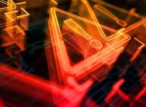 Abstract geometric shapes glowing in red and orange against a dark background.