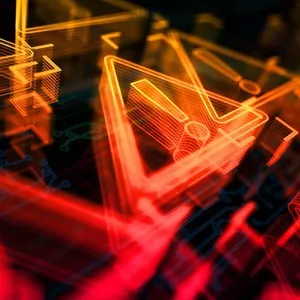 Abstract geometric shapes glowing in red and orange against a dark background.