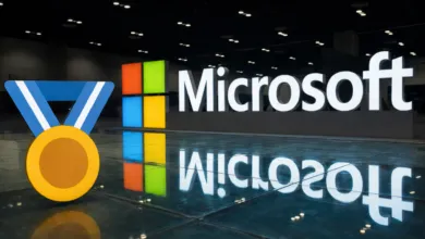 Microsoft logo with a gold medal graphic overlayed in the foreground.