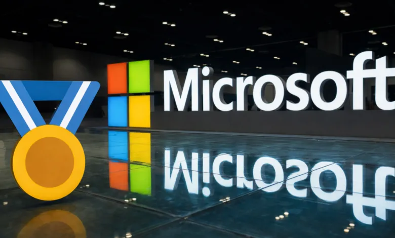 Microsoft logo with a gold medal graphic overlayed in the foreground.