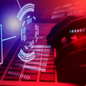 Hands typing on a keyboard with digital overlay and red and blue lighting.