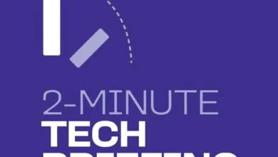 2-Minute Tech Briefing graphic with clock-like design on purple background.