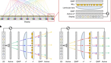 Diagram illustrating 2D/3D display technology with viewpoints, lenses, and polarization layers.