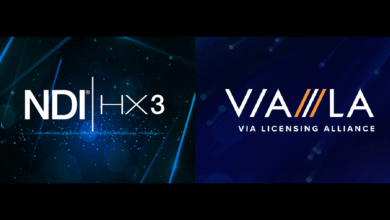 NDI HX3 and VIA Licensing Alliance logos on a split blue background.