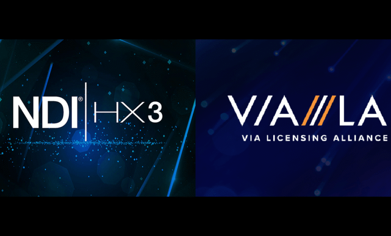 NDI HX3 and VIA Licensing Alliance logos on a split blue background.