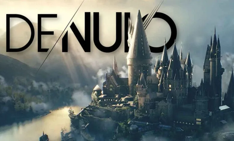 Hogwarts-like castle with 'DENUVO' text overlayed, fantasy setting.