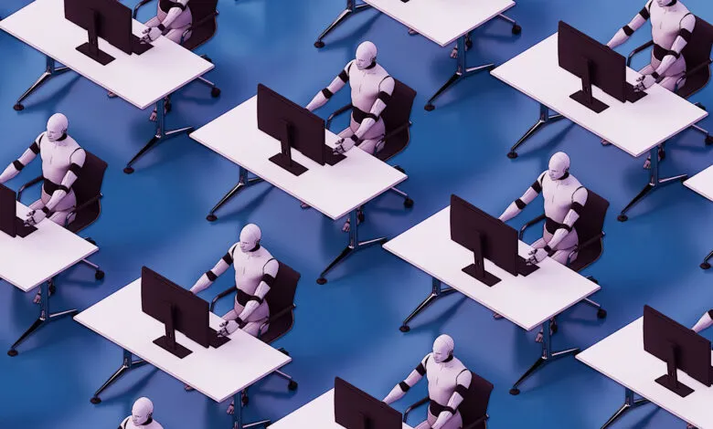 Rows of humanoid robots working at desks with computers in an office setting.