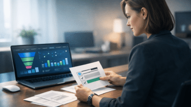 Woman reviews marketing funnel data on laptop and checklist.