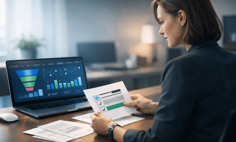 Woman reviews marketing funnel data on laptop and checklist.