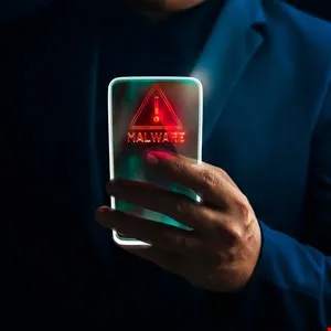 Hand holds phone displaying a red malware warning triangle with exclamation point.