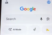 Google Search app interface on a smartphone with the AI Mode button.