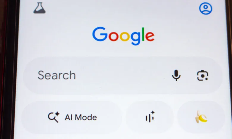 Google Search app interface on a smartphone with the AI Mode button.