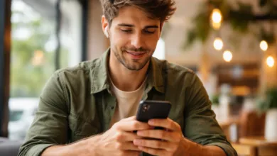 Man with earbuds smiles while looking at his phone in a cafe.