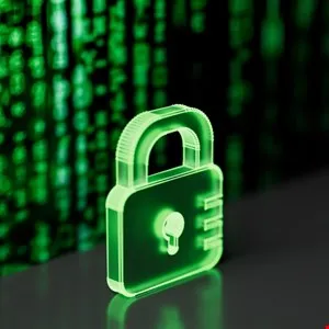 Glowing green padlock icon against a blurred matrix-like background.